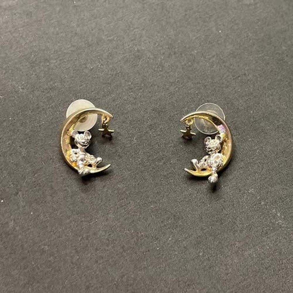 VTG Disney Mickey Mouse Crescent Moon Dangling Star Two Toned Pushback Earrings